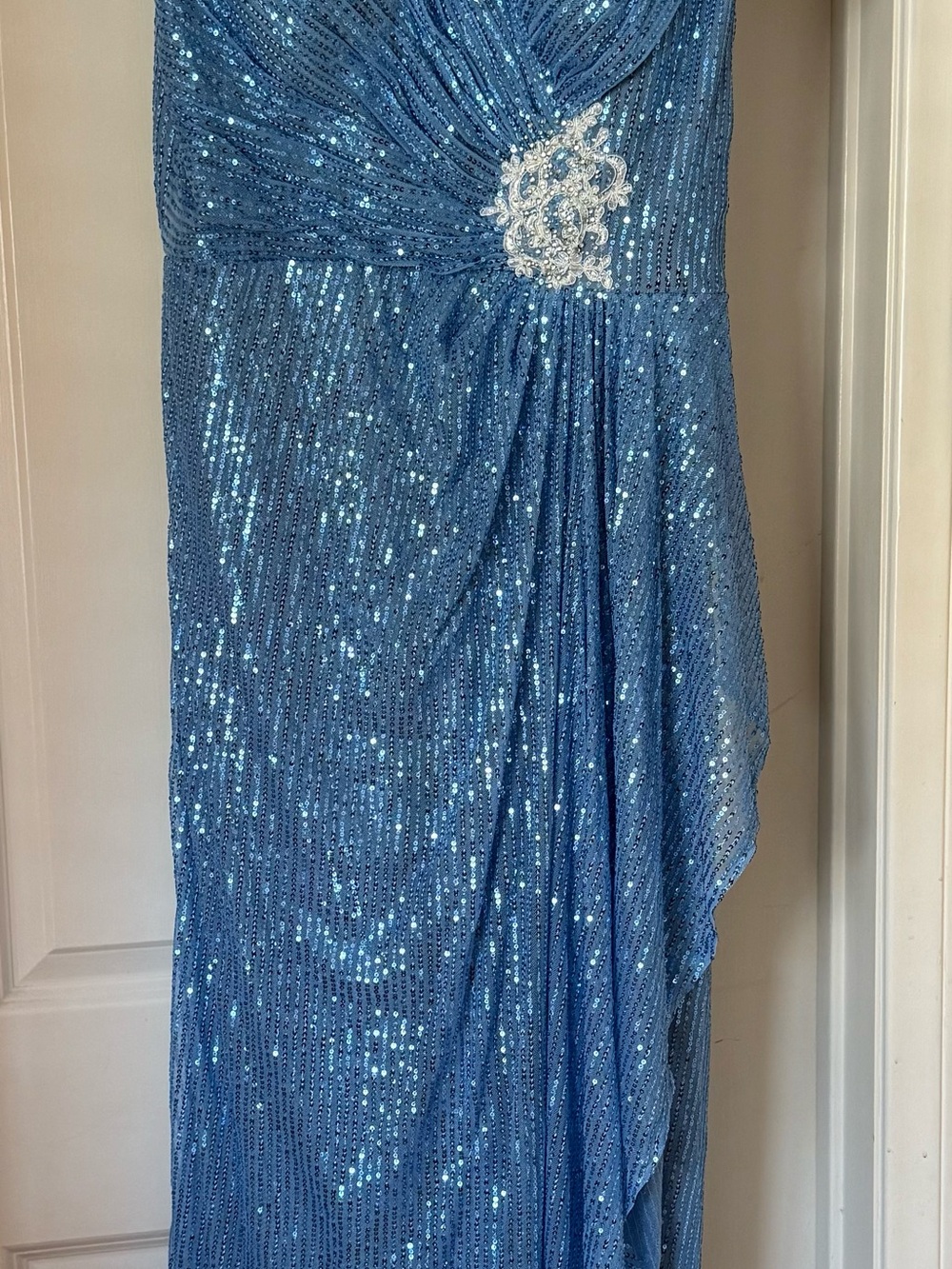 Elegant Powder Blue Sequin Wedding Gown with rhinestone Brooch